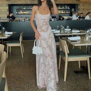 Sexy Half Mesh Patched Flower Bandeau Maxi Dress With Straps