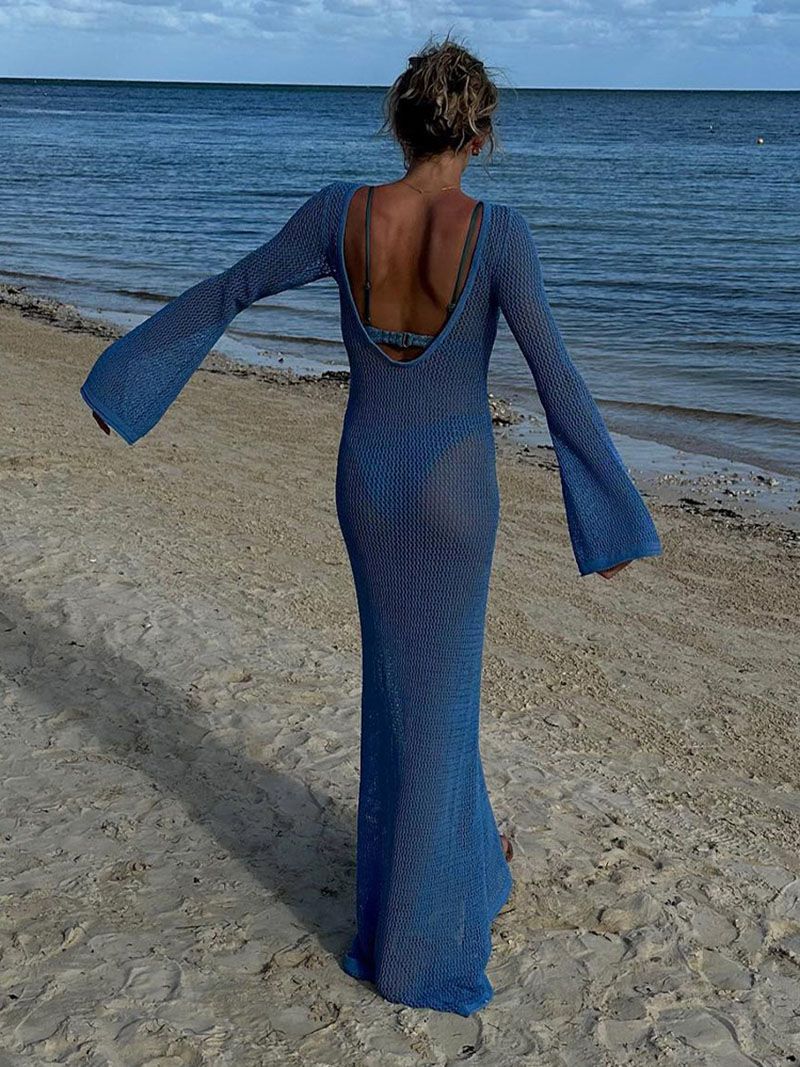 Sheer Crochet Knitted Long Swimsuit Cover Ups Maxi Beach Dress