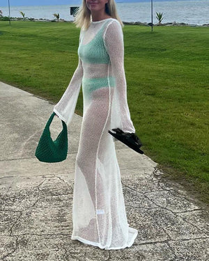 Sheer Crochet Knitted Long Swimsuit Cover Ups Maxi Beach Dress