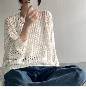 Bohemian Crochet Knit See Through Fishnet Long Sleeve Top Shirts