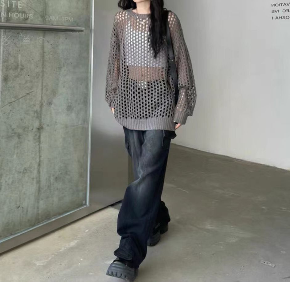 Bohemian Crochet Knit See Through Fishnet Long Sleeve Top Shirts