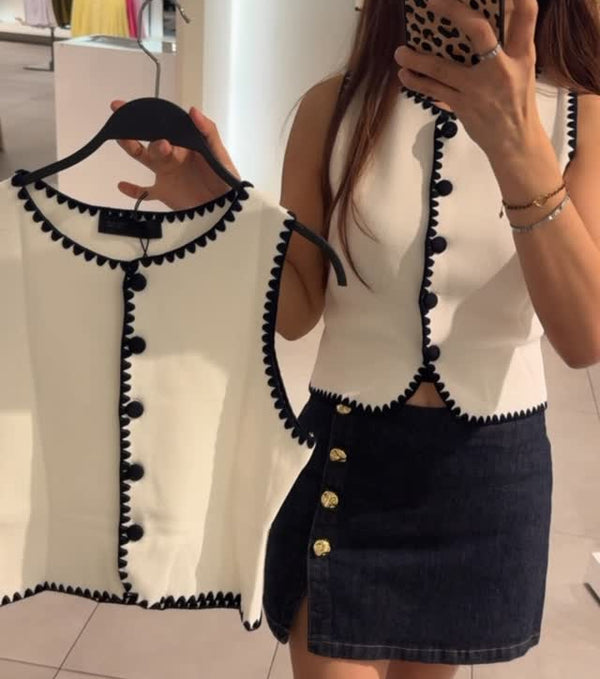 White&Black Contrast Embroidery Knit Vest With Skirt Set