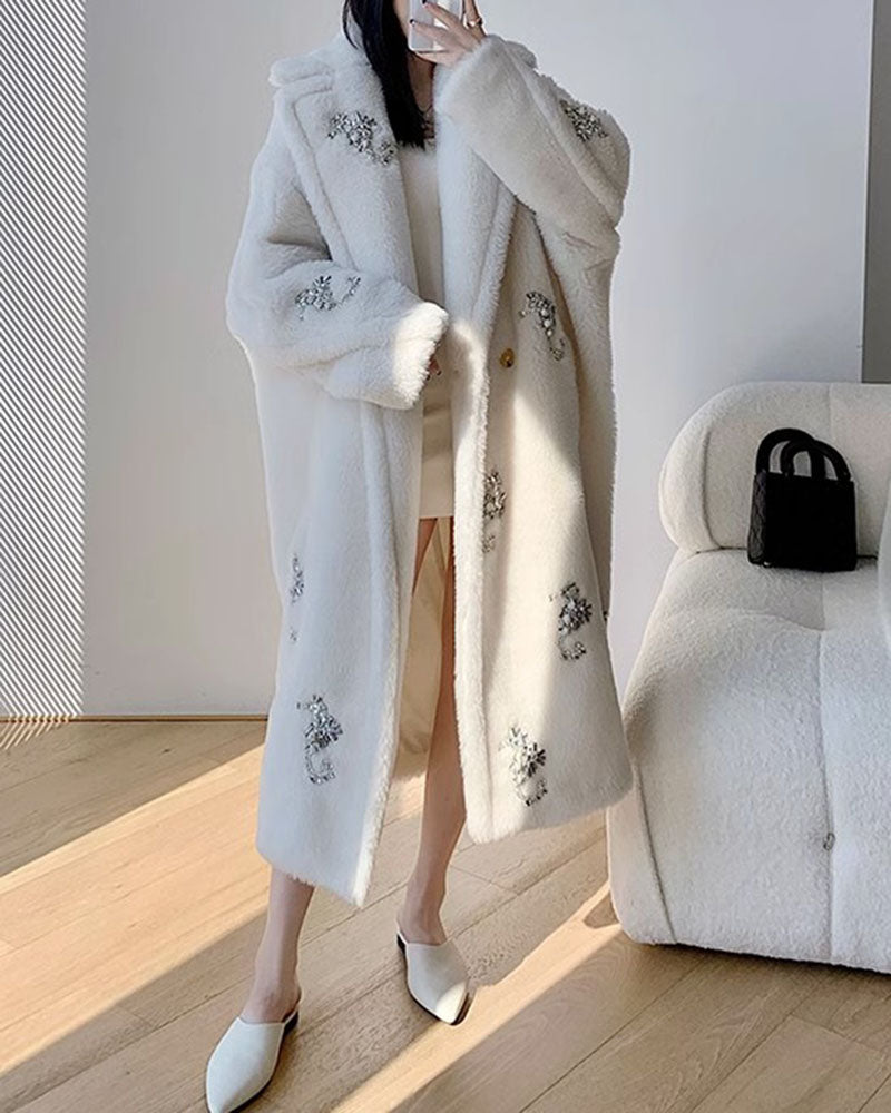 Sparkling Crystals Embroidered Seahorse Long Winter Fur Maxi Teddy Bear Coat