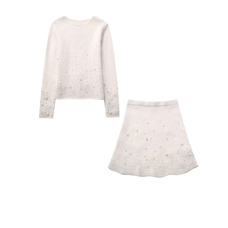 Bling Bling Luxury Pearl Beaded Embellished Knitted Jumper Sweaters With Skirt Set