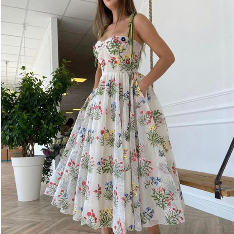 Bohemian Floral Flower Embroidered Mesh Bodice Dress Formal Prom Gown