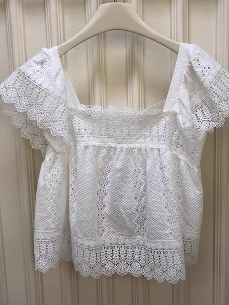 Tummy Hide Eyelet Crochet Lace Peplum Hem Blouse Tops