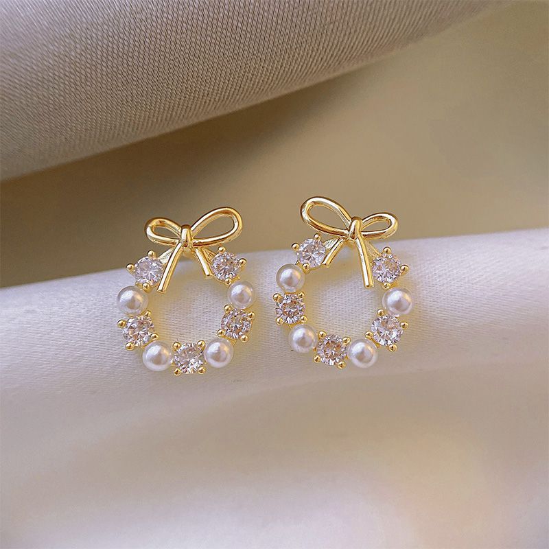 Ribbon Bow Knot Stud Pearl Diamond Earrings Woth Bows