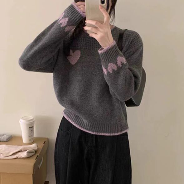 Waffle Textured Hearts Love Knit Sweater