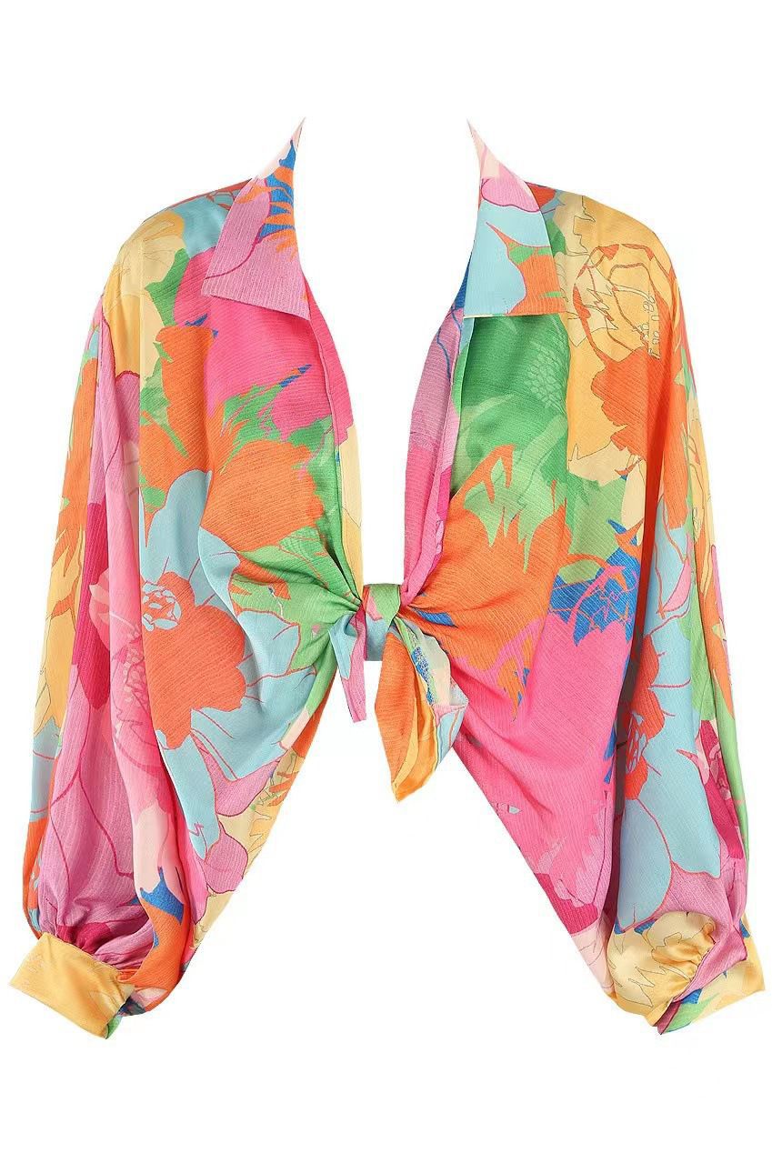 Retro 90s Multicolor Rainbow Floral Lantern Sleeve Tie Front Blouse Shirt