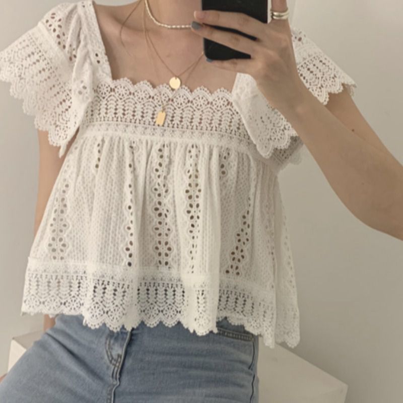 Tummy Hide Eyelet Crochet Lace Peplum Hem Blouse Tops