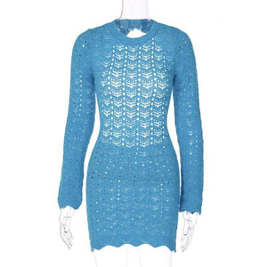 Crochet Knit Swim Cover Up Backless Flare Long Sleeve Sheer Beach Dress
