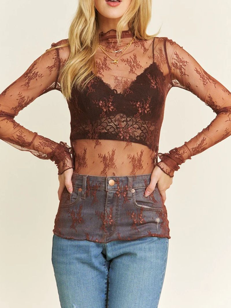 Sparkly Long Sleeve Flower Embellished Mesh Tops for women
