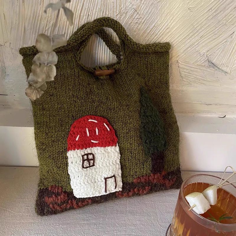 Cute Handmade Embroidered Crochet Knitted Handbag Mushroom Tote Bag