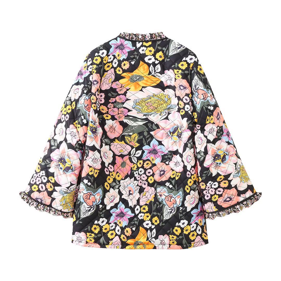 Fur Shearling Block Ruffle Edges Flowers Quilted Floral Patchwork Bomber Jacket