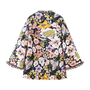 Fur Shearling Block Ruffle Edges Flowers Quilted Floral Patchwork Bomber Jacket