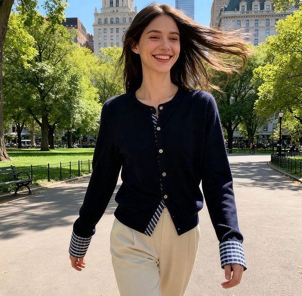 Casual Fake Two Piece Block Knitted Button Up Cardigan Top