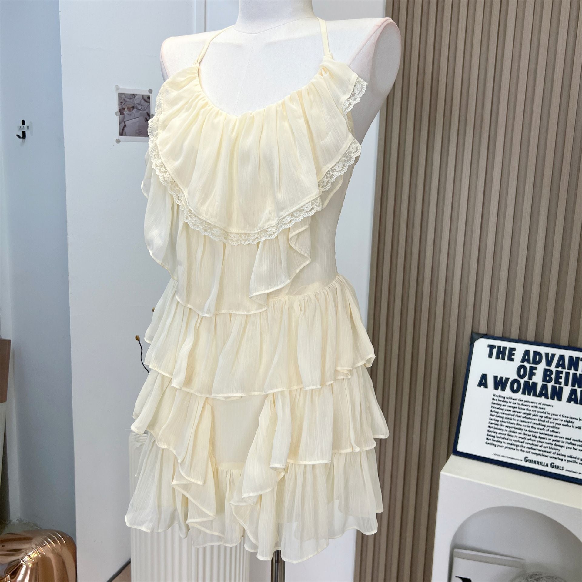 Chiffon Striped Ruffle Strap Short Tulle Tiered Ruffle Mini Dress Backless