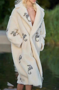 Sparkling Crystals Embroidered Seahorse Long Winter Fur Maxi Teddy Bear Coat
