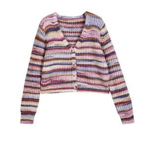 Cute Rainbow Striped V Neck Knit Holiday Cardigan Sweater