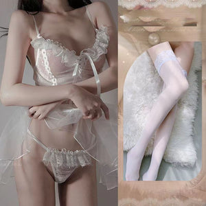 Sexy Sweet Sheer Mesh Floral Lace Ruffle Body Suit With Skirt