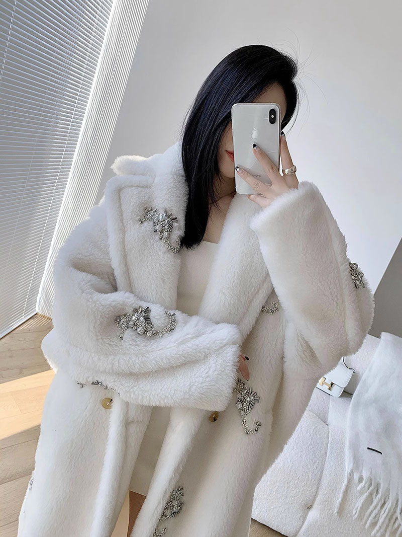 Sparkling Crystals Embroidered Seahorse Long Winter Fur Maxi Teddy Bear Coat