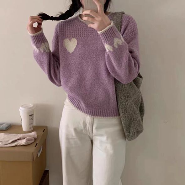 Waffle Textured Hearts Love Knit Sweater