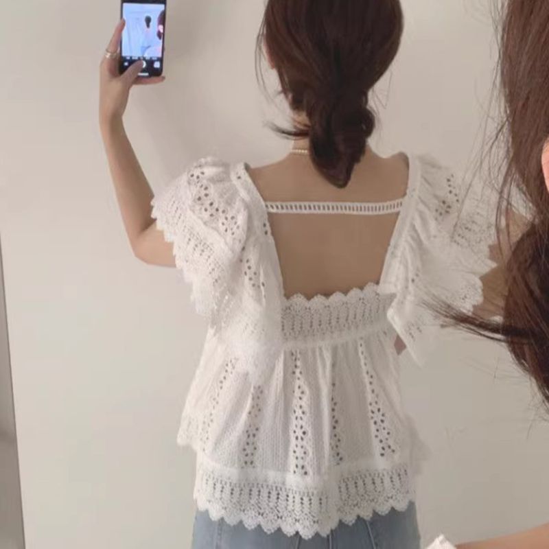 Tummy Hide Eyelet Crochet Lace Peplum Hem Blouse Tops