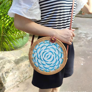 Bohemian Seashell Floral Round Rattan Purse Bali Clutch Shoulder Bag