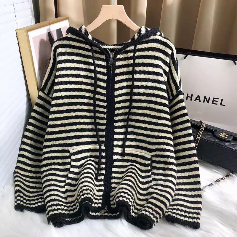 Candy Colorblock Multi Stripes Zipper Cardigan With Hood