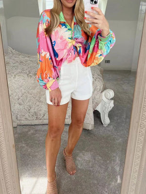 Retro 90s Multicolor Rainbow Floral Lantern Sleeve Tie Front Blouse Shirt