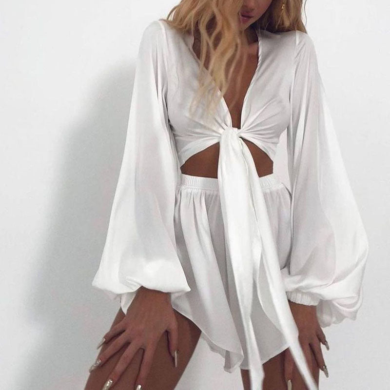 Lantern Sleeve Tie Front Crop Top And Flowy Shorts Co ord Set