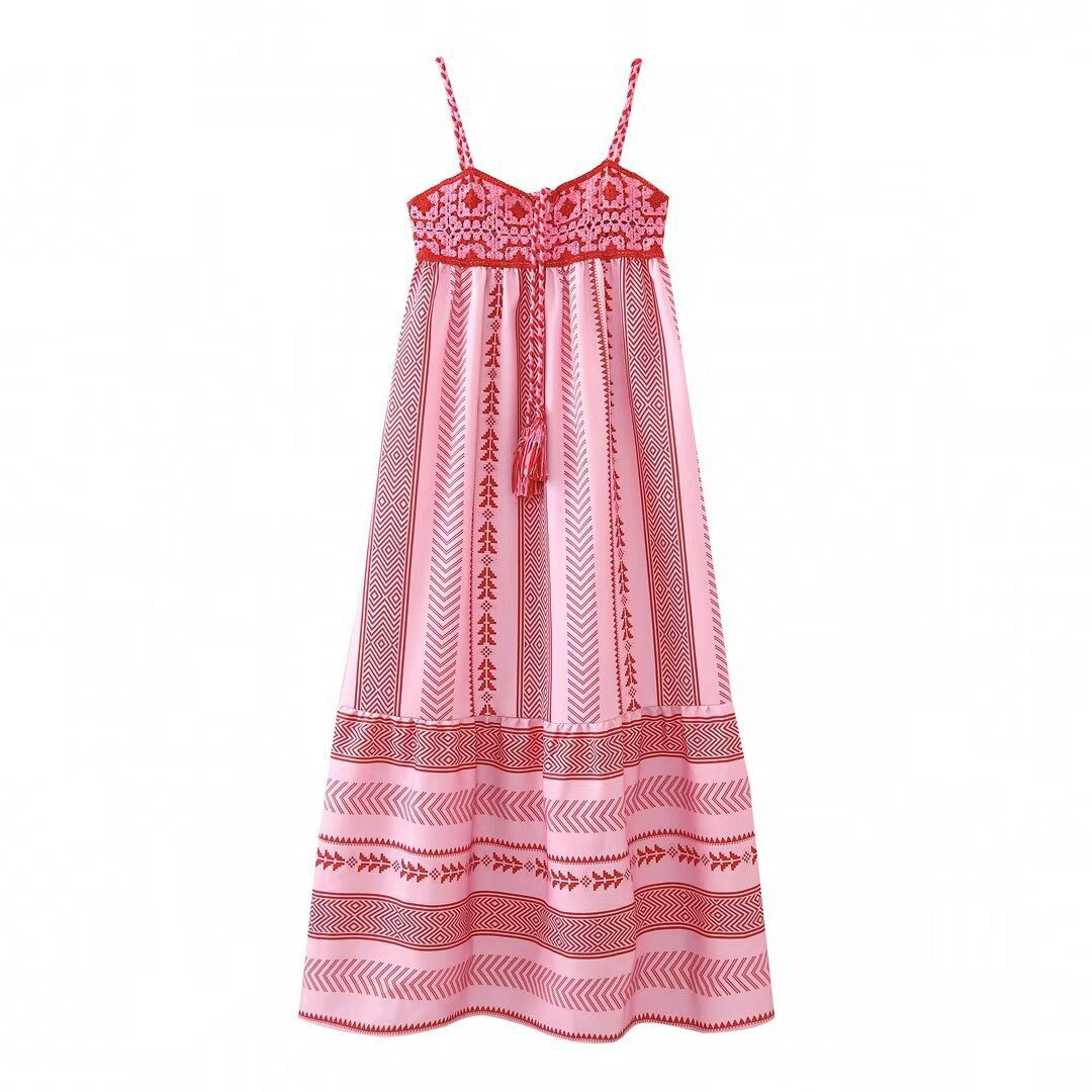 Pink & Red Cotton Combination Crochet Knit Dress