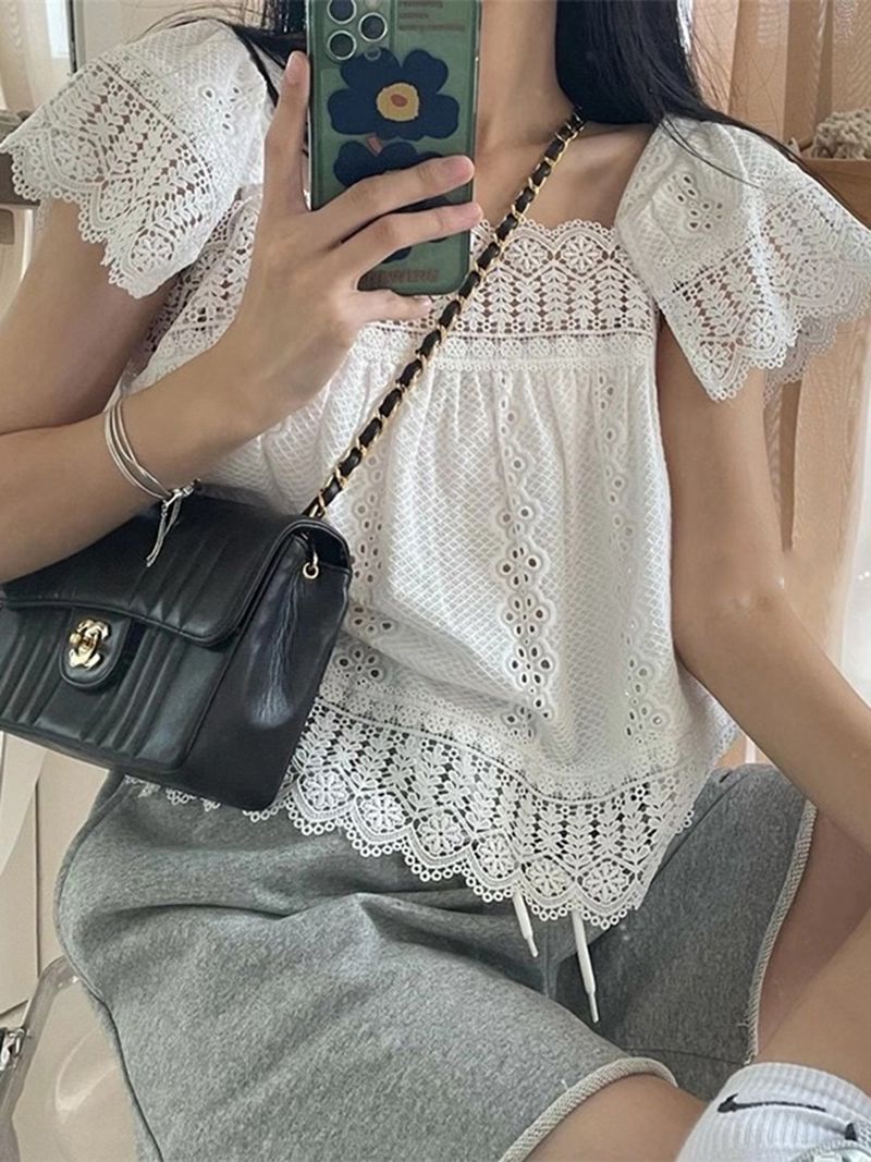 Tummy Hide Eyelet Crochet Lace Peplum Hem Blouse Tops