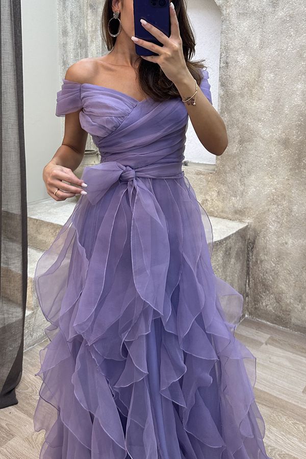 Formal Off Shoulder Ruffles Layered Tulle Gown Dress