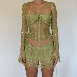 Shiny Sequin Beaded Strappy Tie Hollow Mesh Knitted Three Piece Skirt Set