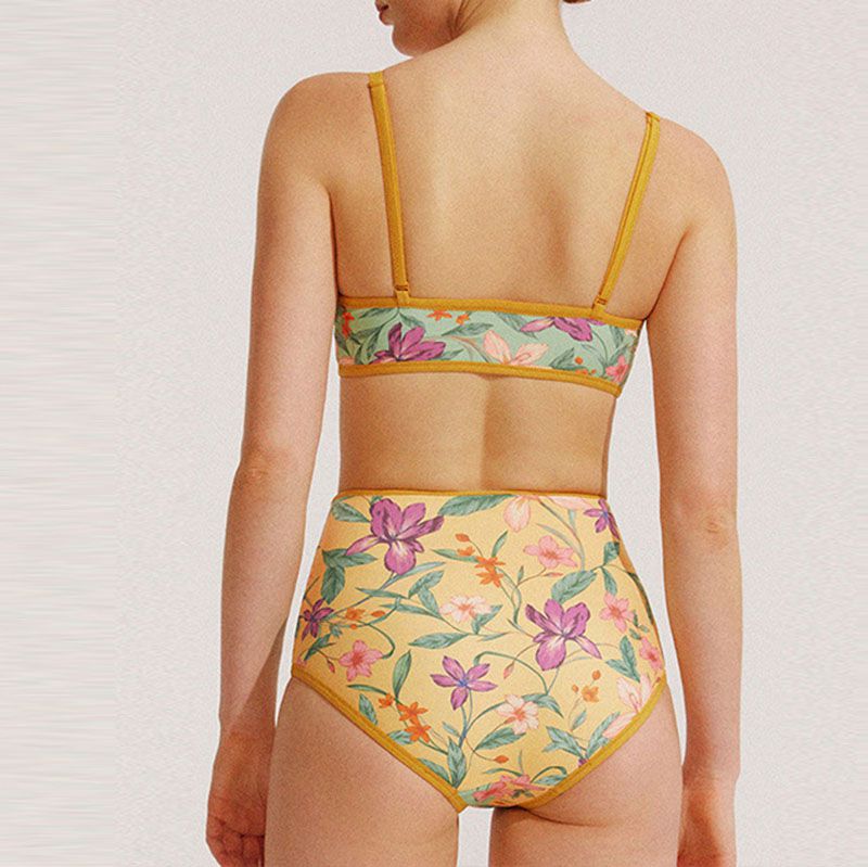 Reverse Two Sides Block Trim Tropical Floral High Waist Tummy Control Swim Suit