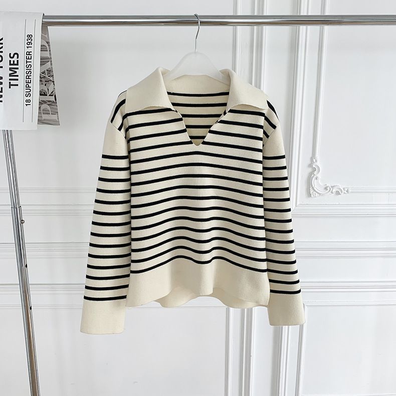 White Black Block Stripe Knit Cotton Jumper Pullover Sweater With Collar