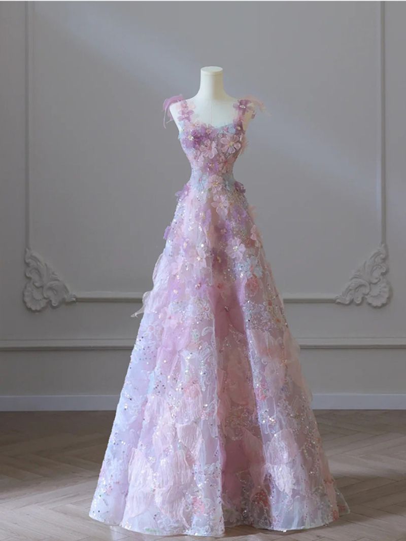 Aesthetic Pink Embroidery Full Length Sleeveless Princess Mesh Dress