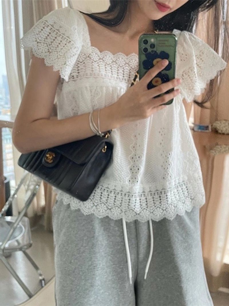 Tummy Hide Eyelet Crochet Lace Peplum Hem Blouse Tops
