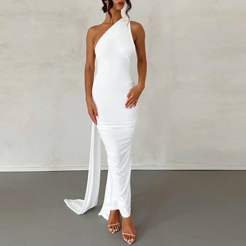 Formal One Shoulder Shirred Backless Maxi Dress Gown