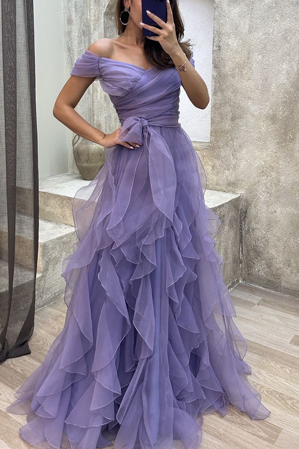 Formal Off Shoulder Ruffles Layered Tulle Gown Dress