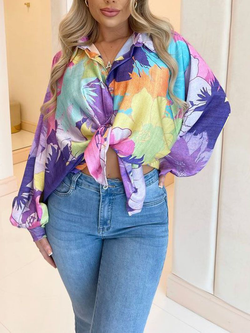Retro 90s Multicolor Rainbow Floral Lantern Sleeve Tie Front Blouse Shirt