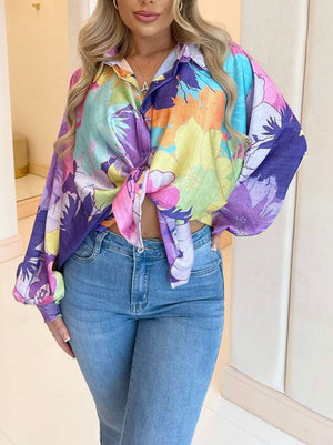 Retro 90s Multicolor Rainbow Floral Lantern Sleeve Tie Front Blouse Shirt