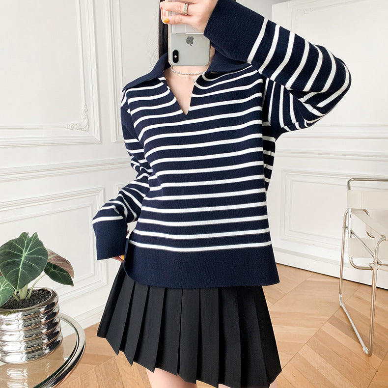 White Black Block Stripe Knit Cotton Jumper Pullover Sweater With Collar