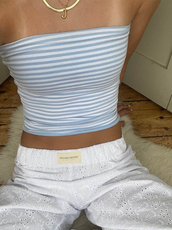 Rainbow Stripes Crinkle Smocked Cut Out Twisted Strapless Top Longline Bandeau