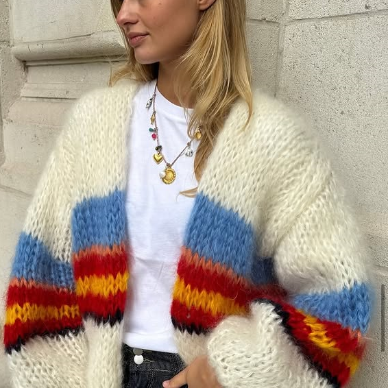 Aesthetic Rainbow Color Block Stripes Fall Cardigans For Women