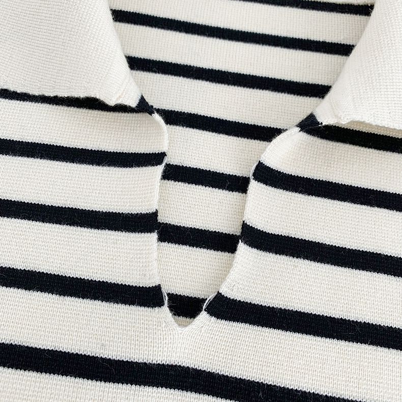 White Black Block Stripe Knit Cotton Jumper Pullover Sweater With Collar