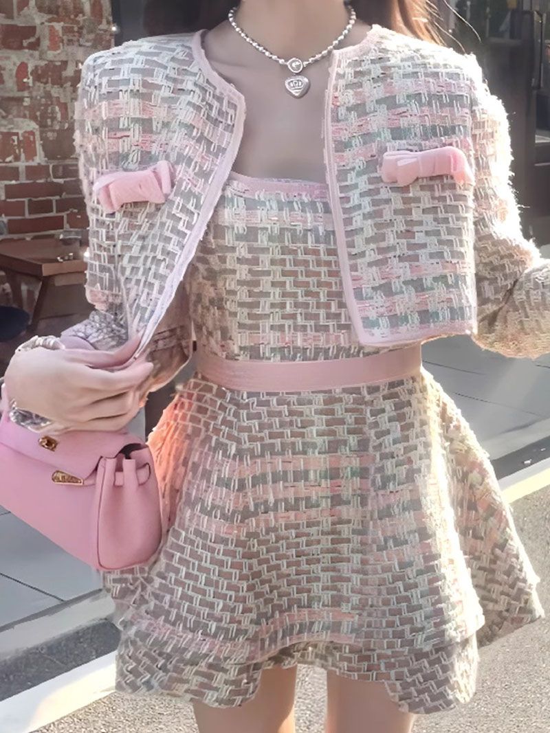 Two Piece Pastel Pink Hued Boucle Tweed Bolero Jacket And Skirt Set