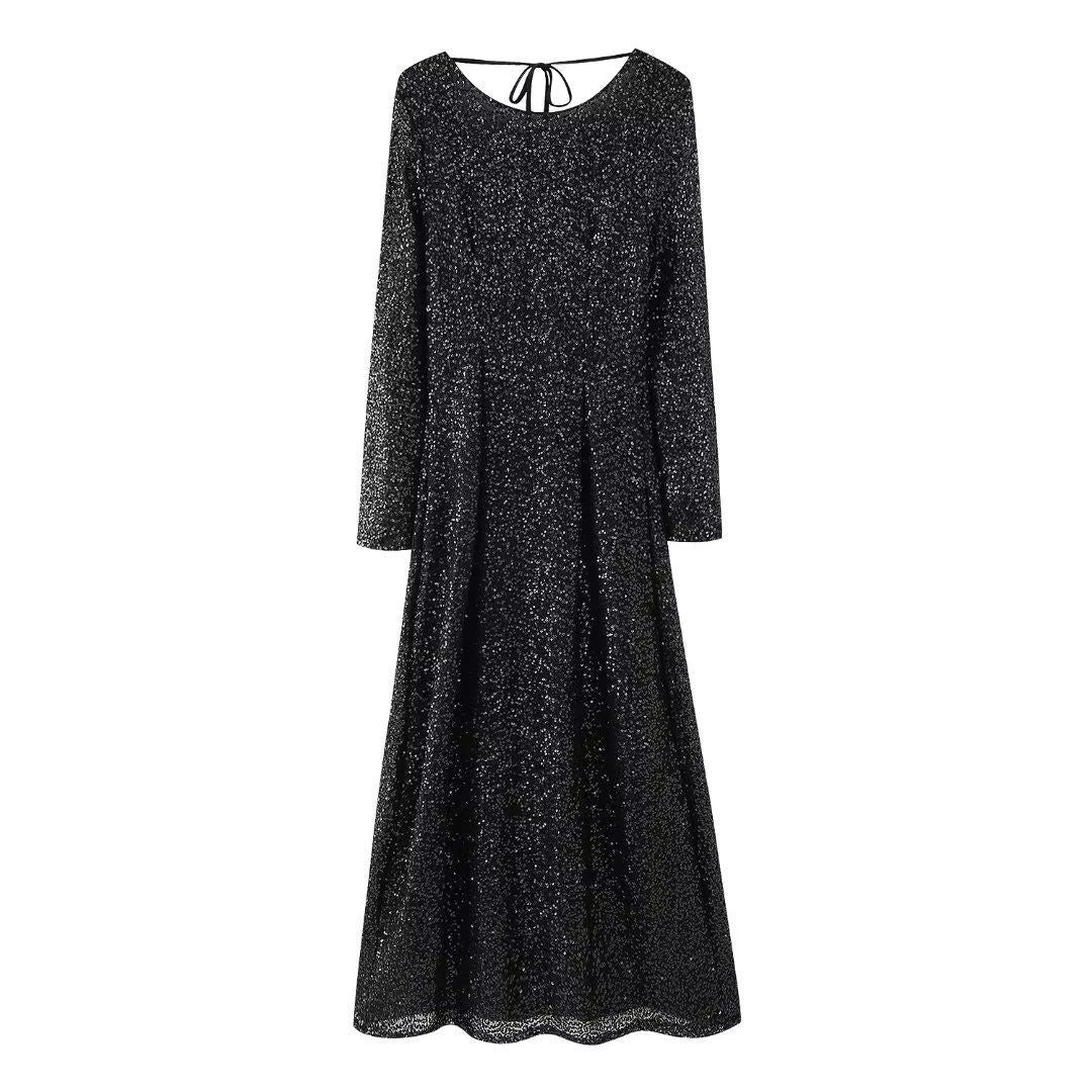 Sparkly Deep Low Back Long Sleeve Glitter Gown Dress