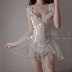 Sexy Sweet Sheer Mesh Floral Lace Ruffle Body Suit With Skirt